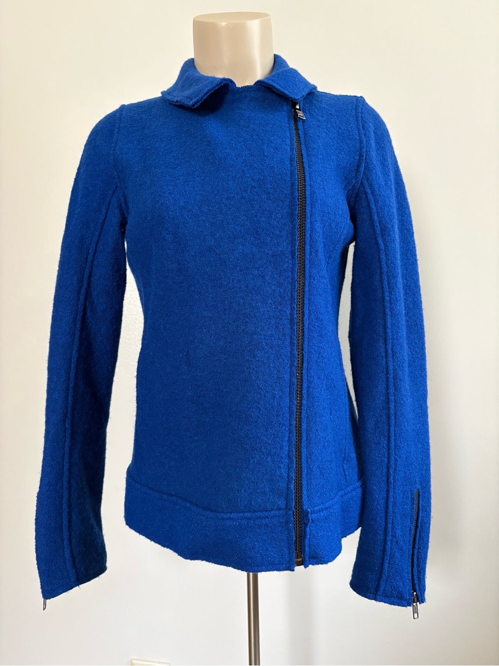 Tahari Royal Blue Boiled Wool Asymmetrical Moto Jacket Size Small